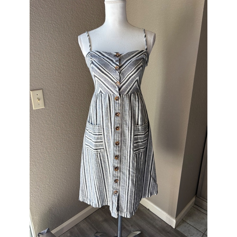 Warehouse Striped Cotton Linen Button Front Midi Dress Gray White Womens US 4